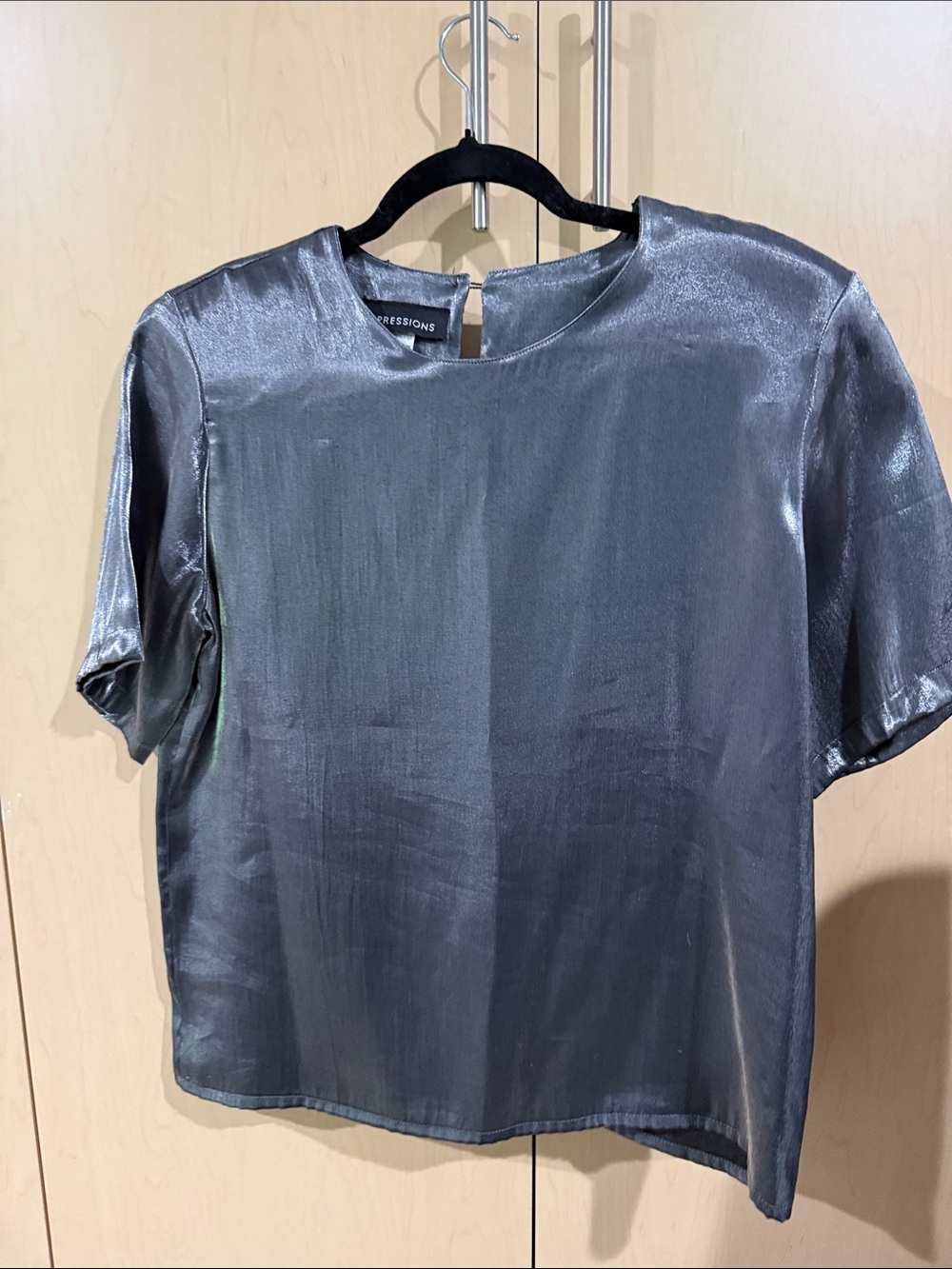 Expressions Women's Shiny Short Sleeve Blouse - Silver